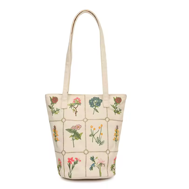 Flower Embroidered Tote Bag