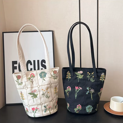 Flower Embroidered Tote Bag