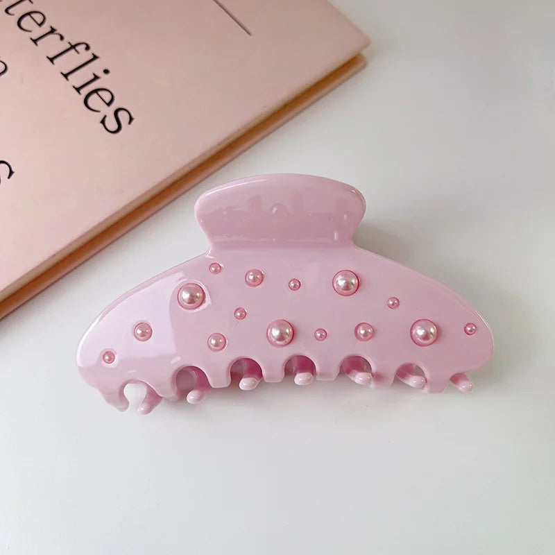 Pink Bow Pearl Hair Claw Clip