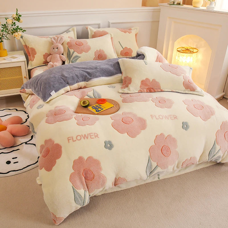 Pink Flower Fleece Duvet Cover