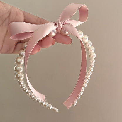 Satin Bow Ribbon and Pearl Hair Band