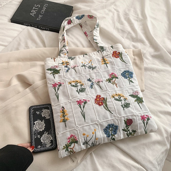 Flower Embroidered Tote Bag