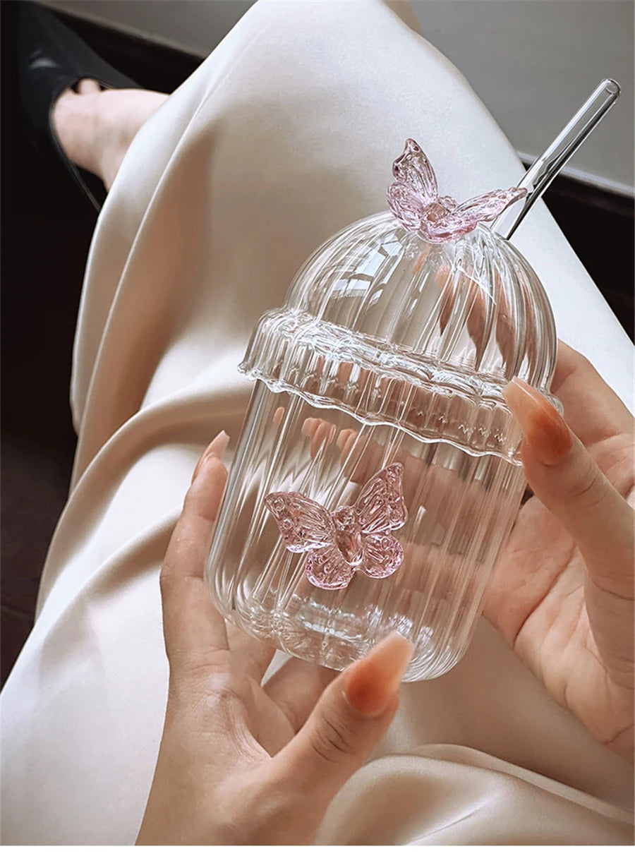 Glass Cup with Pink Butterfly