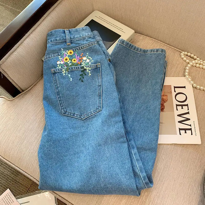 Flower Embroidered High-Waist Jeans