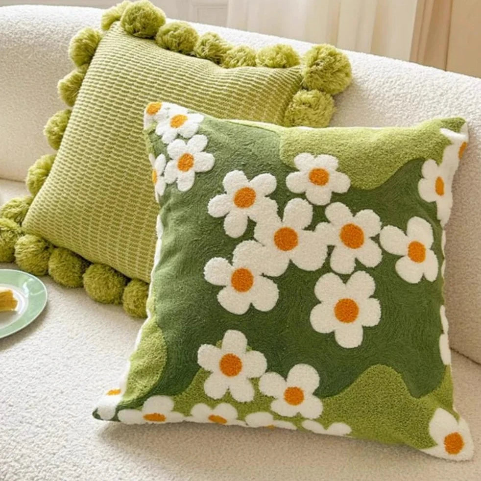 Embroidered Daisies Moss Pillowcase