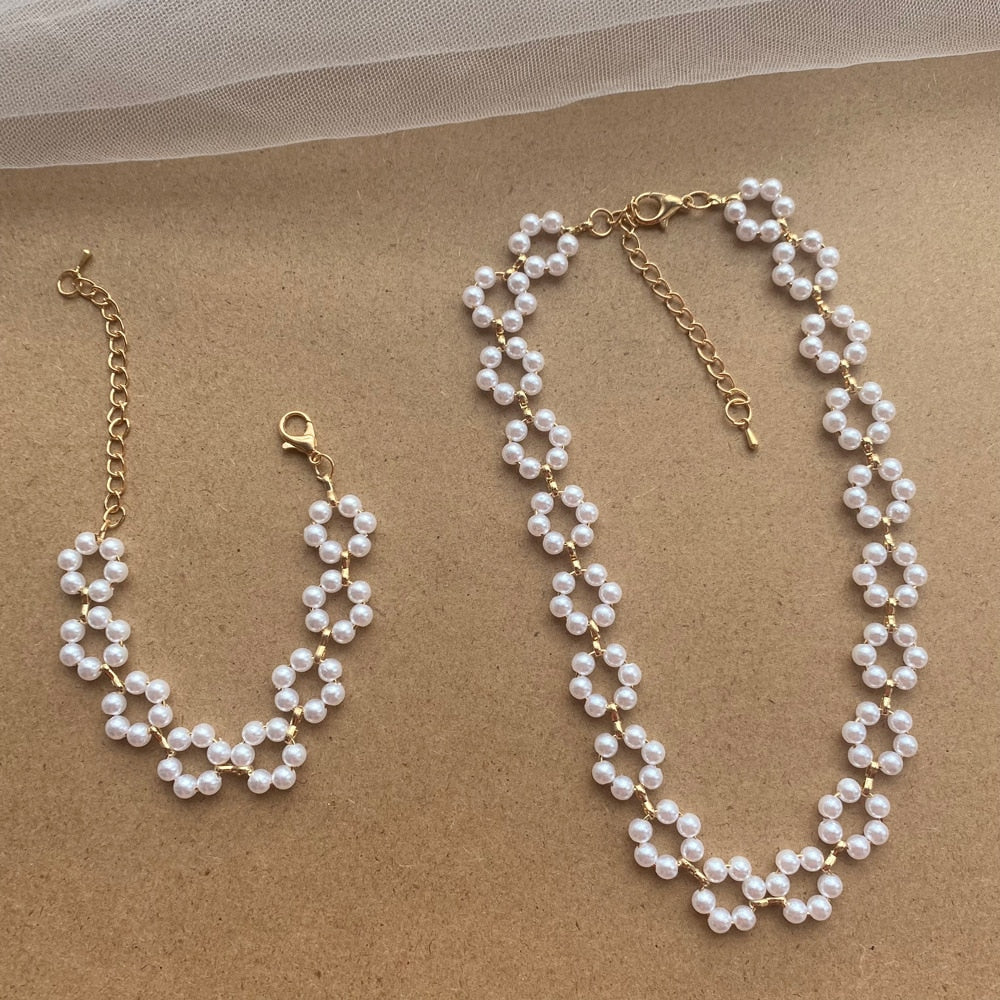 Flower Pearl Necklace and Bracelet