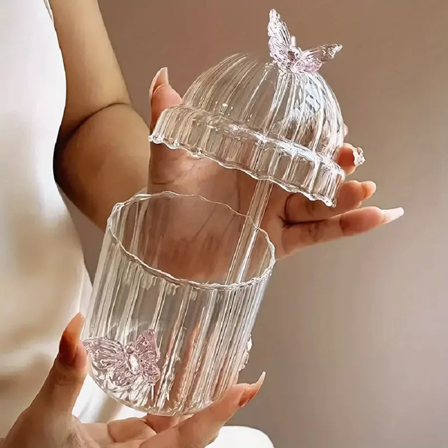 Glass Cup with Pink Butterfly