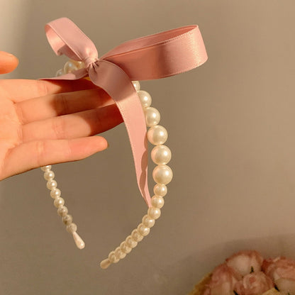 Satin Bow Ribbon and Pearl Hair Band