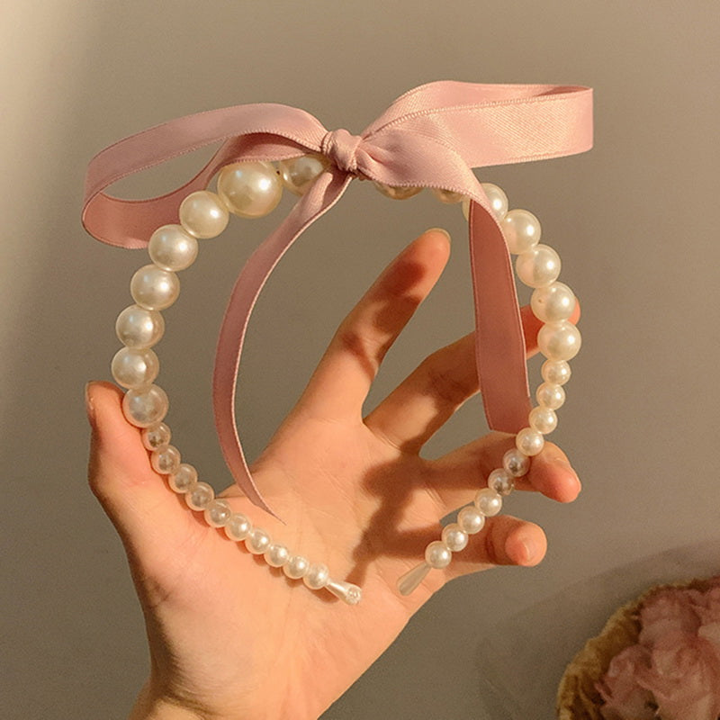 Satin Bow Ribbon and Pearl Hair Band