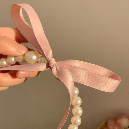 Satin Bow Ribbon and Pearl Hair Band