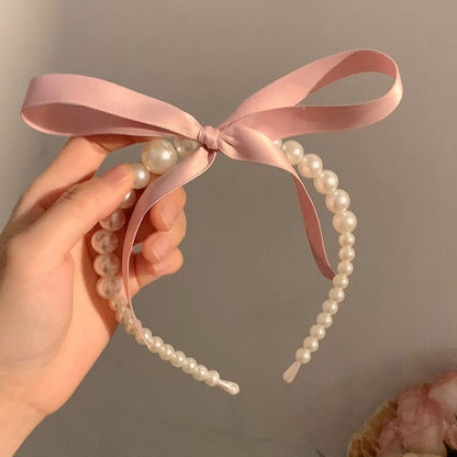 Satin Bow Ribbon and Pearl Hair Band