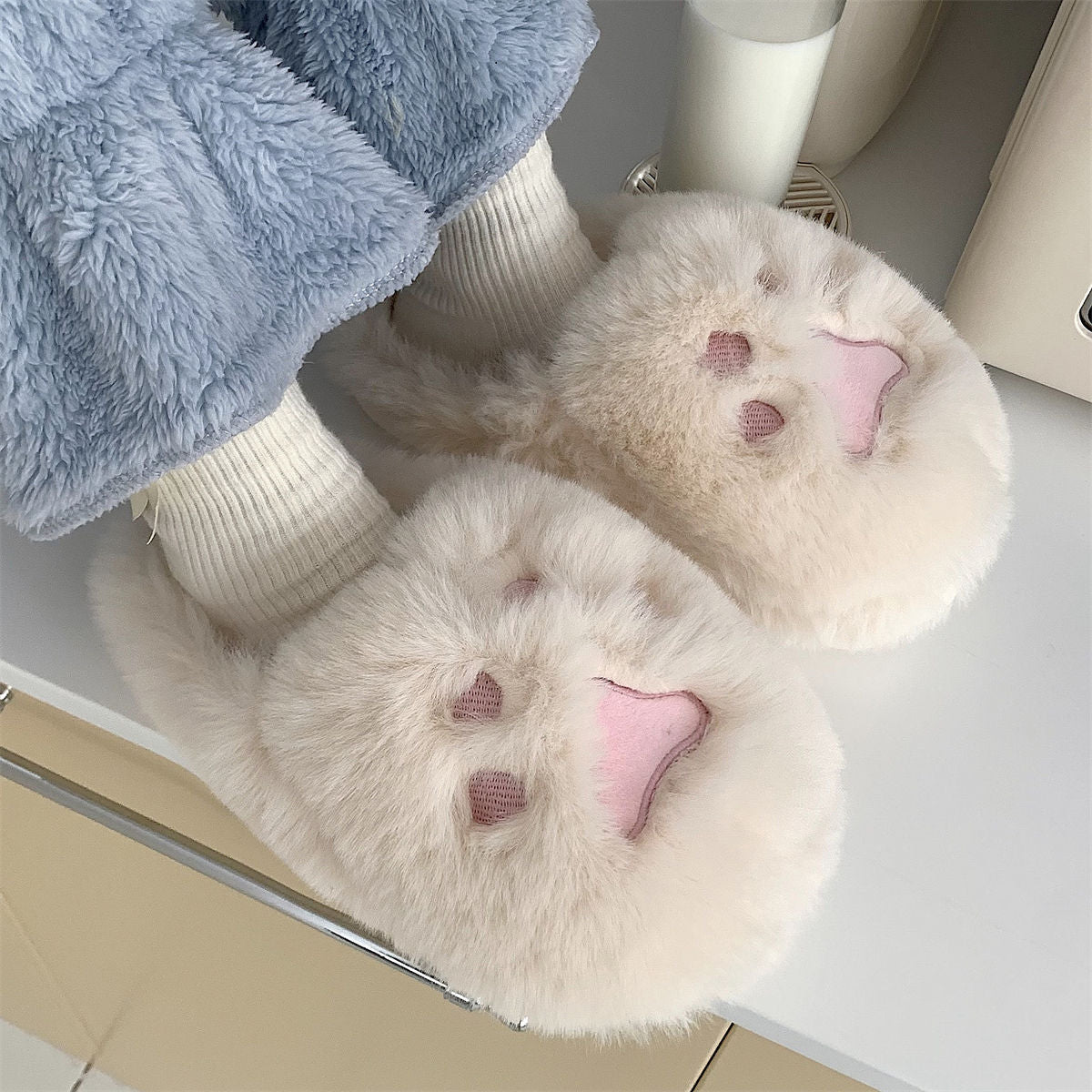 Plush Cat Paw Cotton Slippers