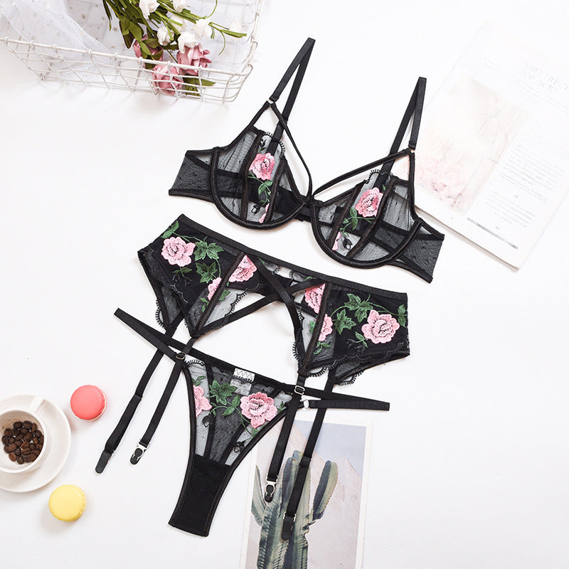 Flower Embroidery Lace Lingerie Set