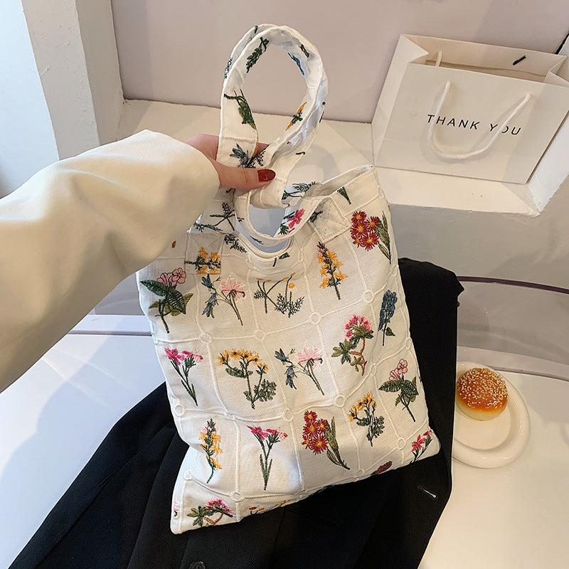 Flower Embroidered Tote Bag