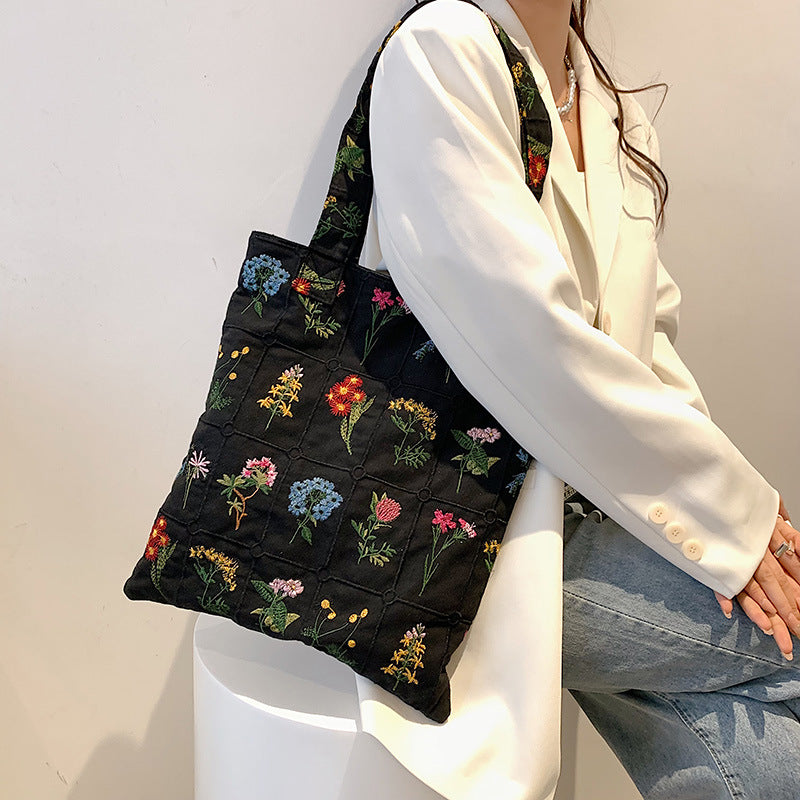 Flower Embroidered Tote Bag