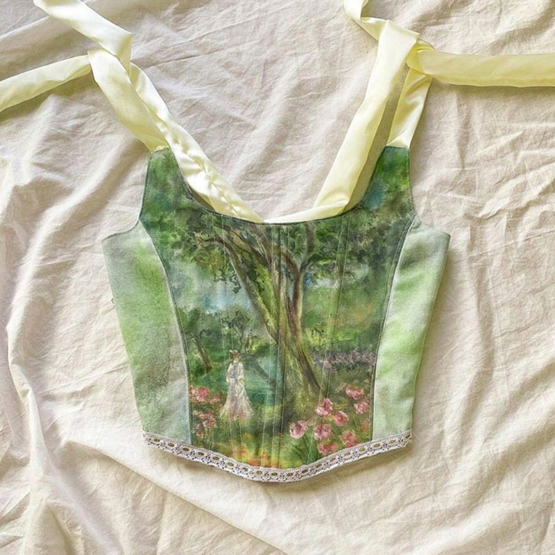 Vintage Painting Ribbon Corset Top