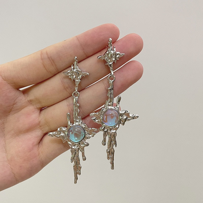 Liquid Metal Cross Moonstone Earrings