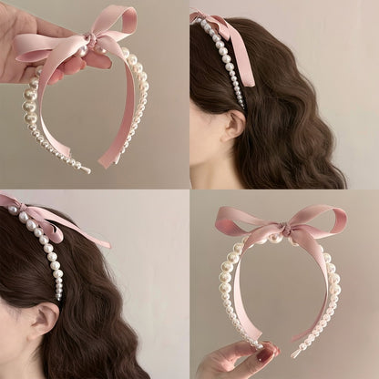 Satin Bow Ribbon and Pearl Hair Band