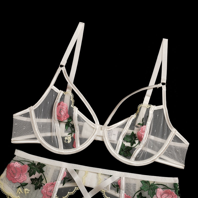 Flower Embroidery Lace Lingerie Set