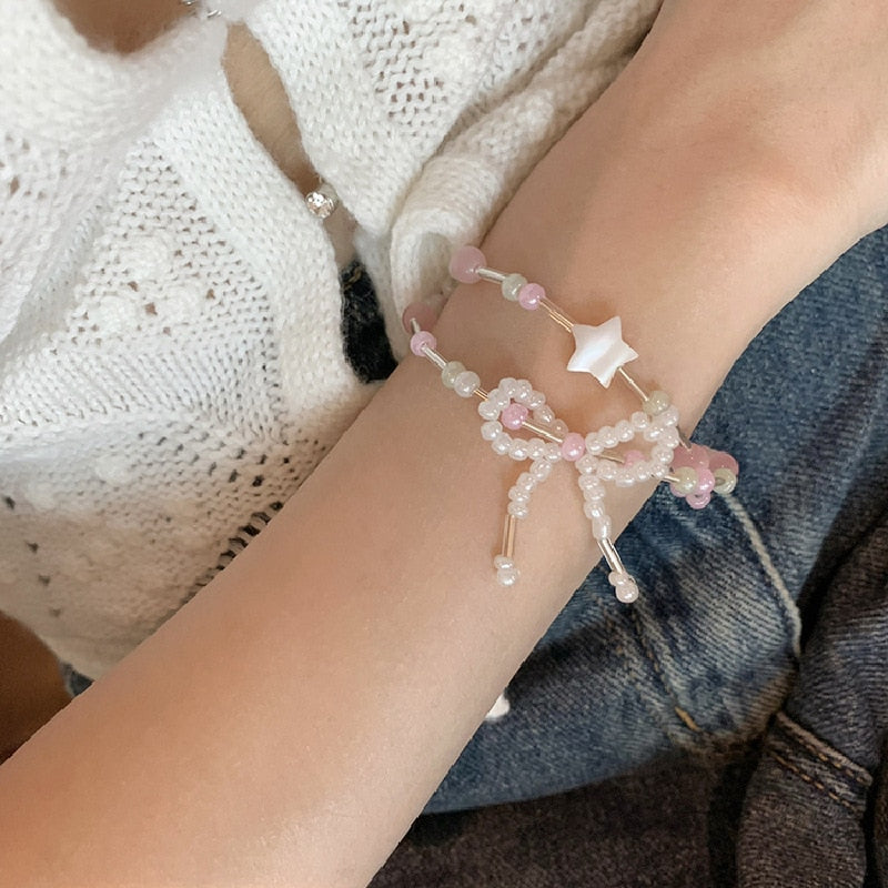 Vintage Crystal Star &amp; Bowknot Beaded Bracelet