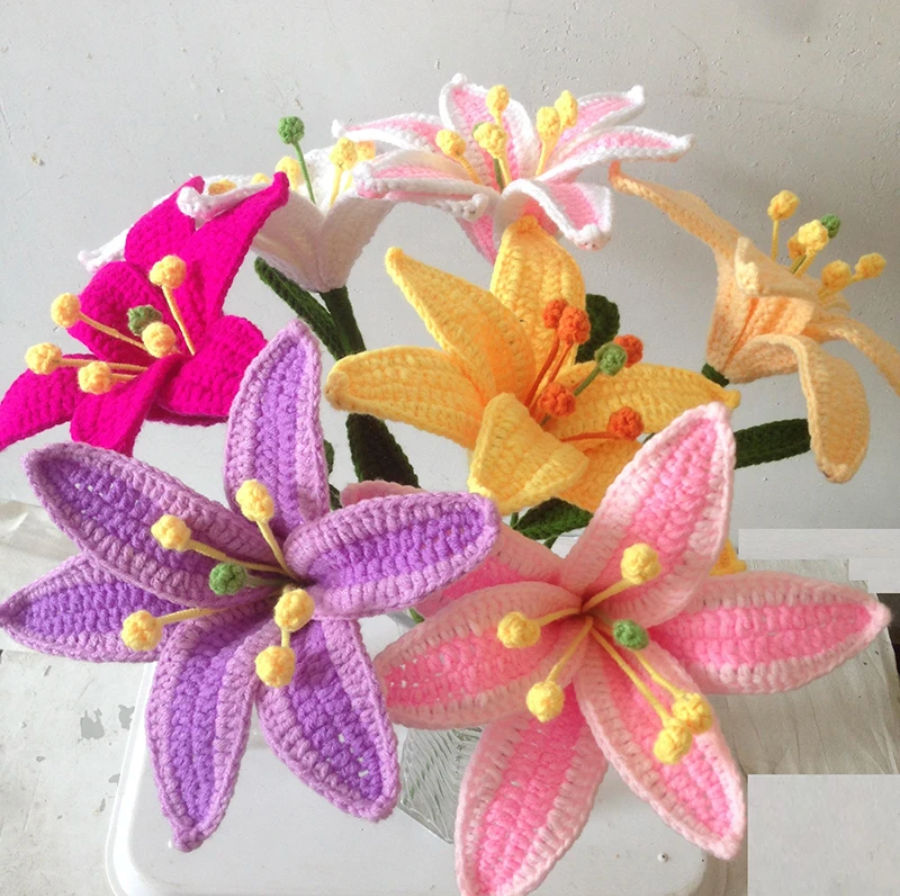 Crochet Lily Flower Bouquet Mixed with Roses, Purple Color