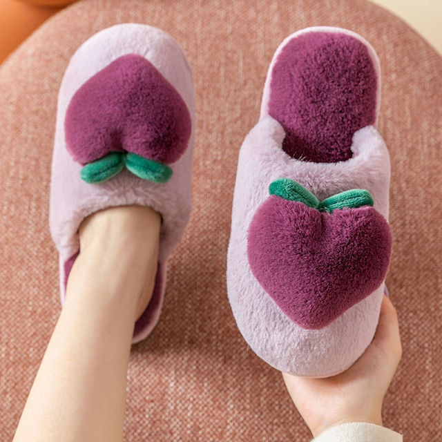 Plush Heart Peach Slippers