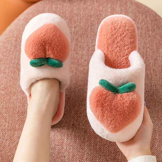 Plush Heart Peach Slippers