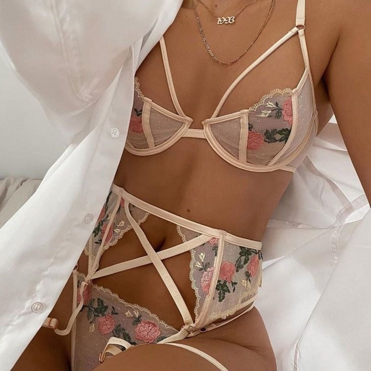 Flower Embroidery Lace Lingerie Set