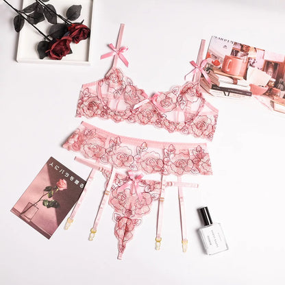 Pink Garden Embroidered Lingerie Set